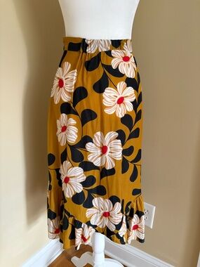 Eva Franco Mustard Floral Midi Skirt with Black and Cream